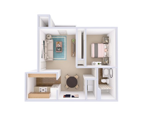 A 3D floor plan of a small apartment with a kitchen, living room, and bathroom.